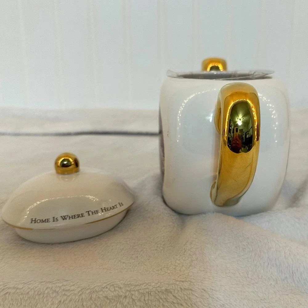 Thomas Kinkade Teapot White New Home Is Where The Heart Is Gold Trim Cottage MCM